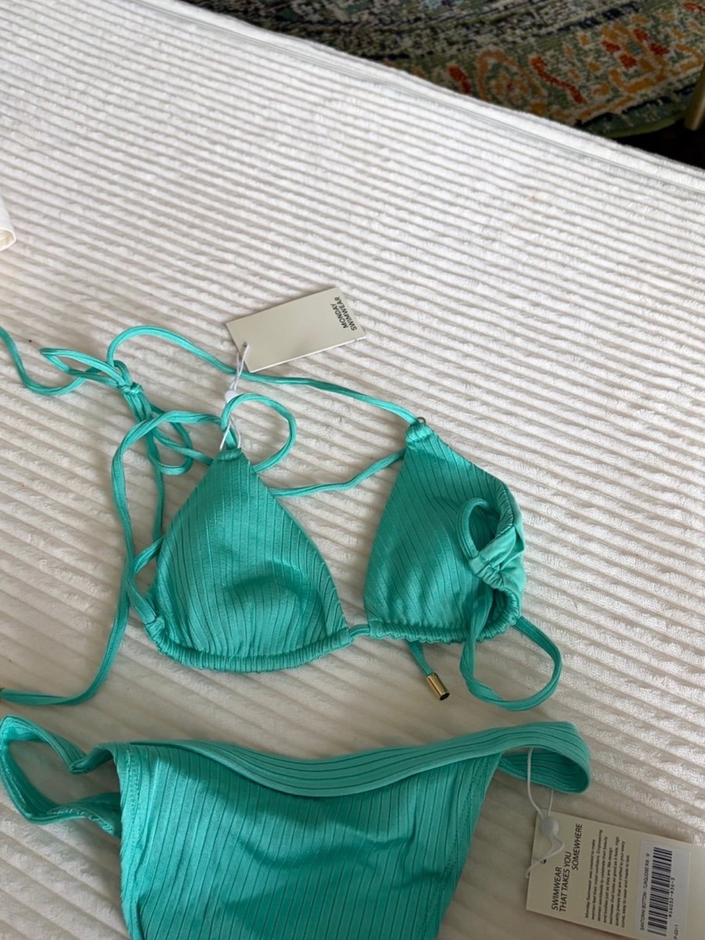 Monday Swimwear Teal Ribbed String Bikini Set - Picture 2 of 4